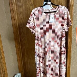 LuLaRoe Short-Sleeve Midi Dress in Cream, Red and Brown Ikat Print
